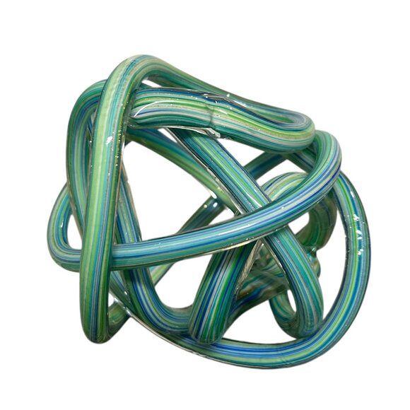Beautiful Hand Blown Blue Green Turquoise Metallic Glass Endless Knot Sculpture - Picture 3 of 10